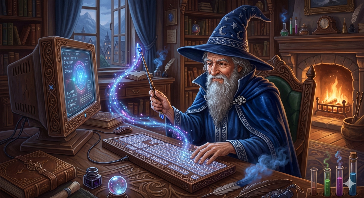 The wizard programmer — casting spells at the keyboard in the glow of the machine