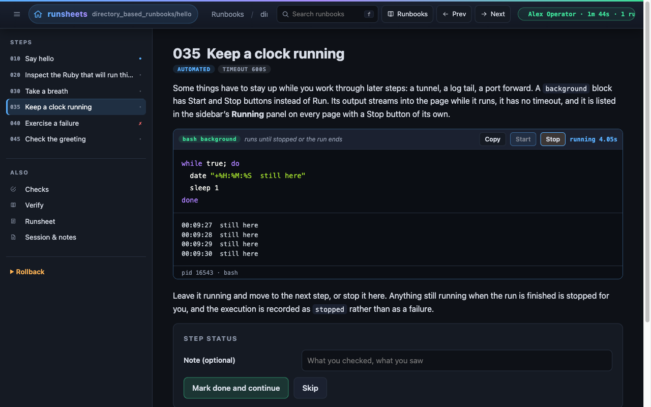 A background block streaming output, listed in the Running panel