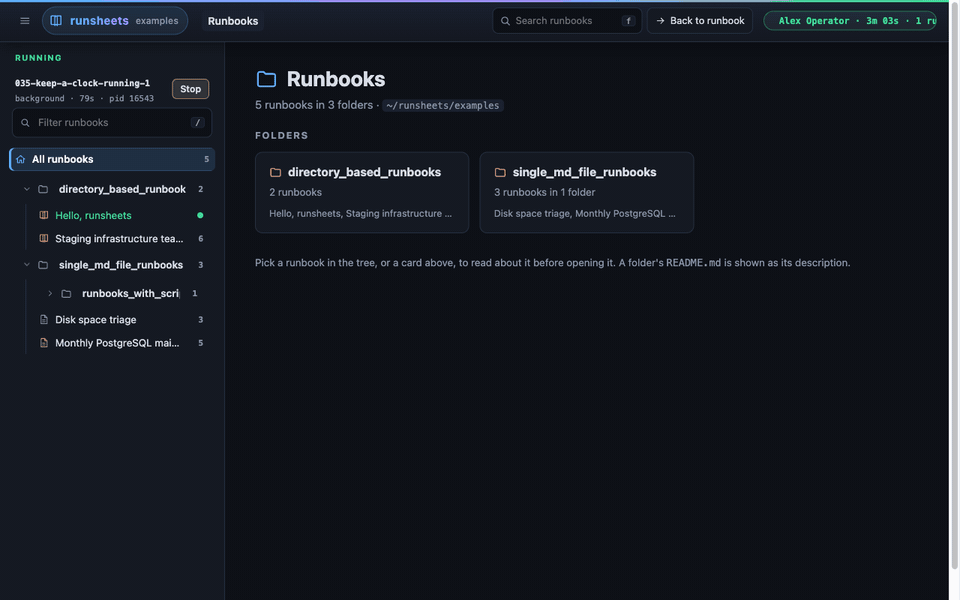 Choosing a runbook, starting a run, clicking Run on a step and marking it done