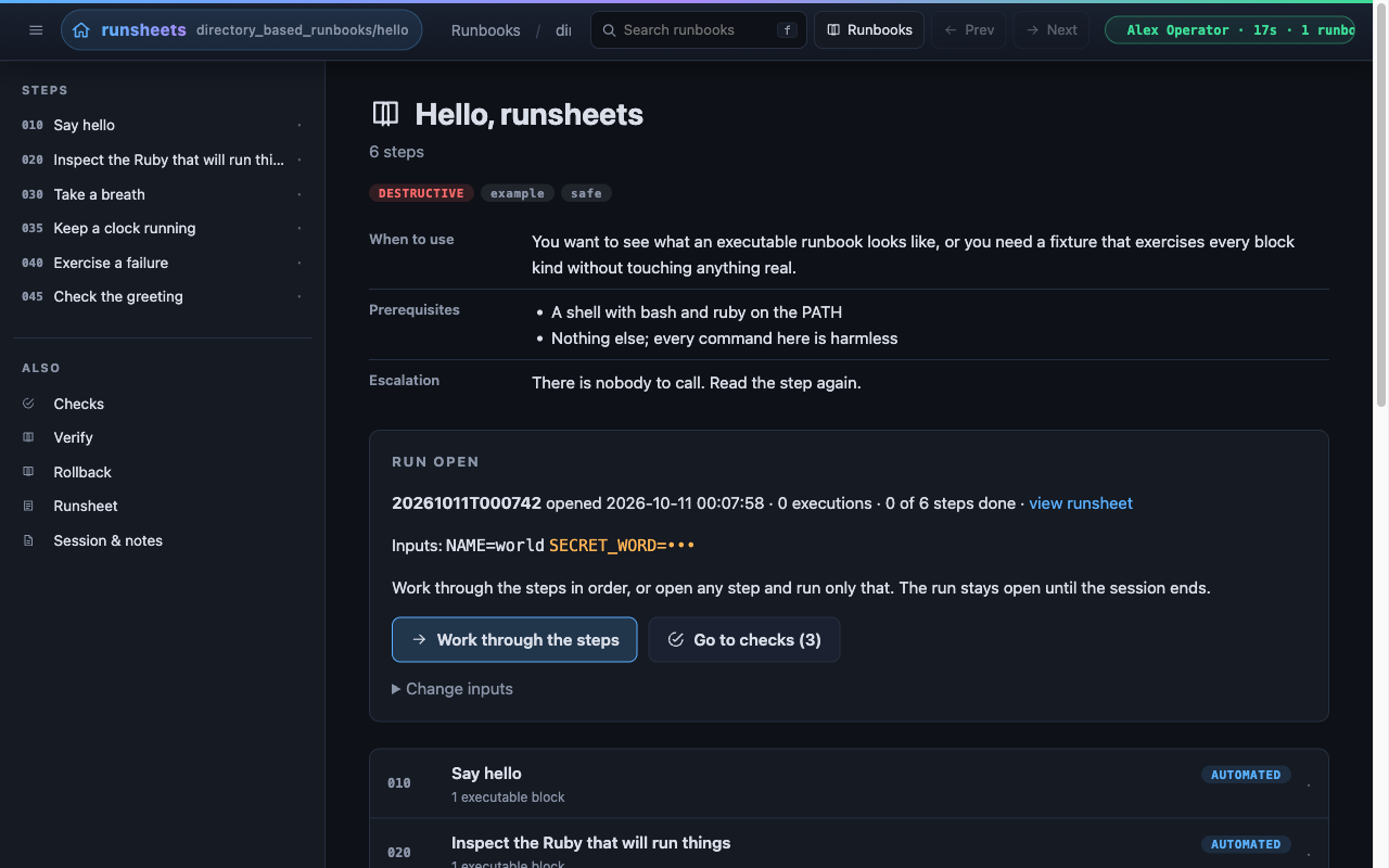 The runbook's landing page with its run open