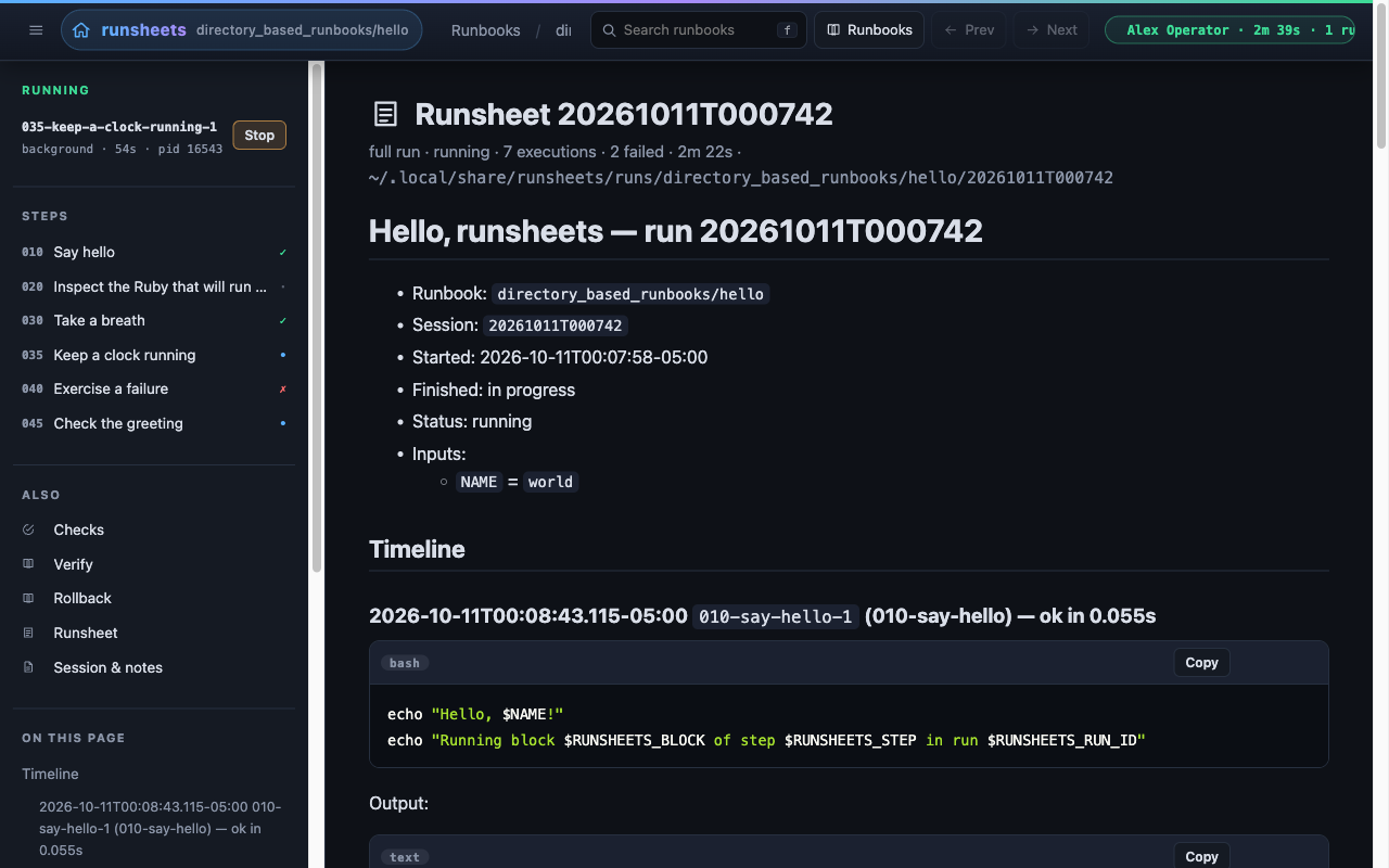 The runsheet page: the run's record rendered in the browser