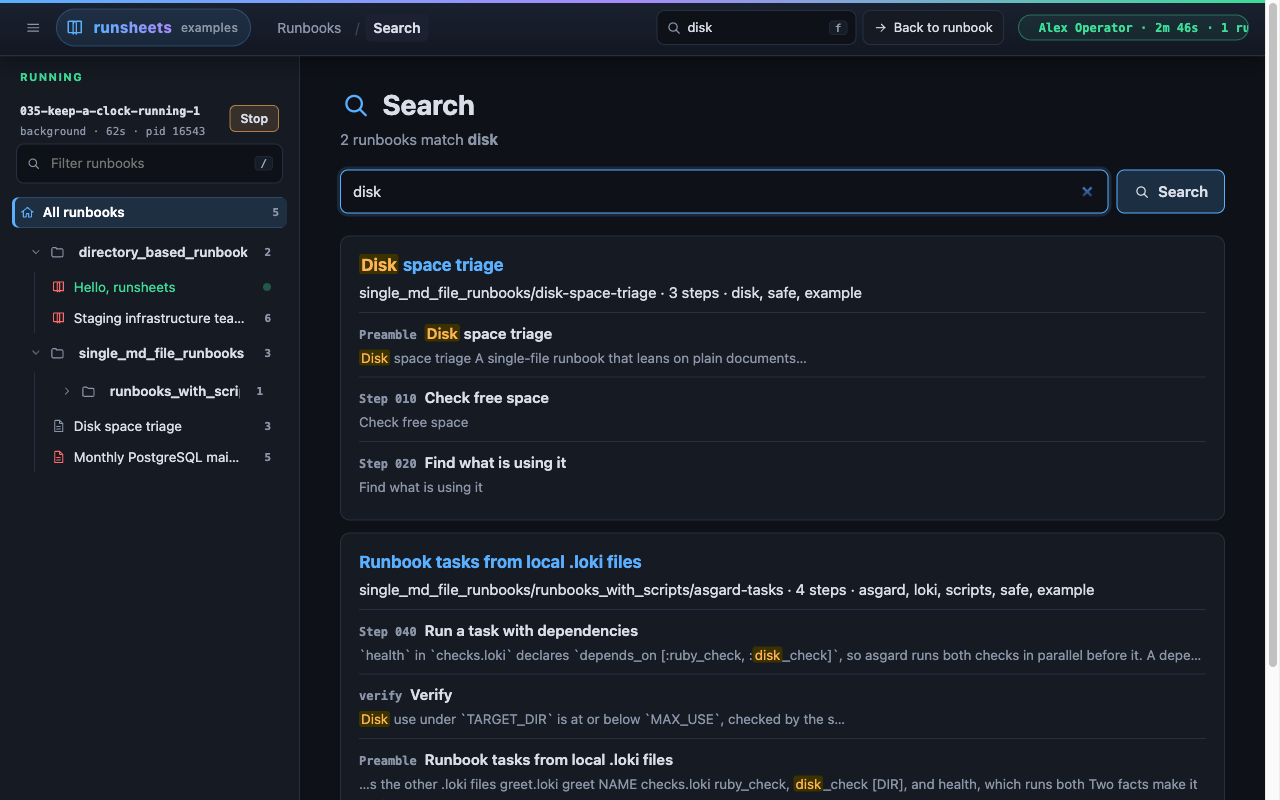 Full-text search results grouped by runbook