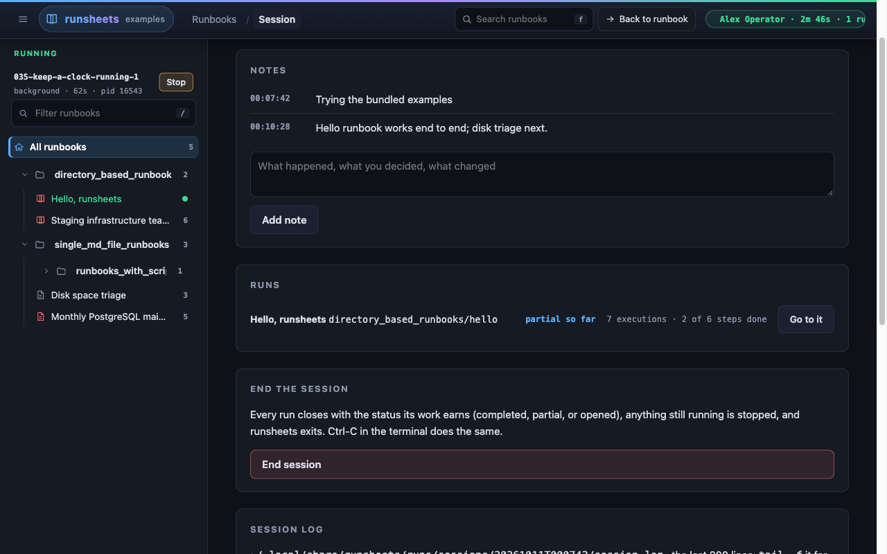 The session page: notes, open runs and End session